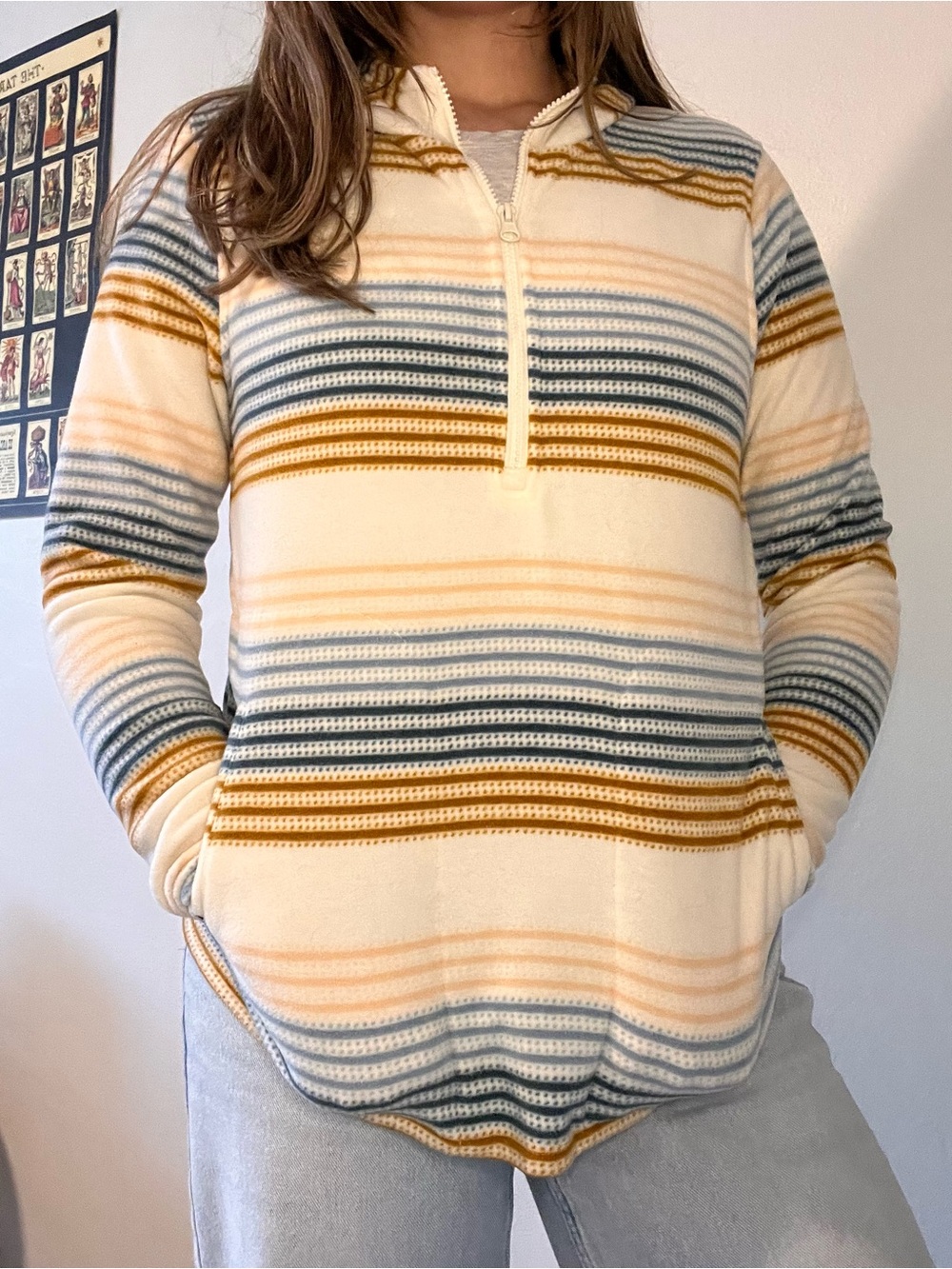O'Neill Cream Striped Half-Zip Sweater with Mustard and Blue